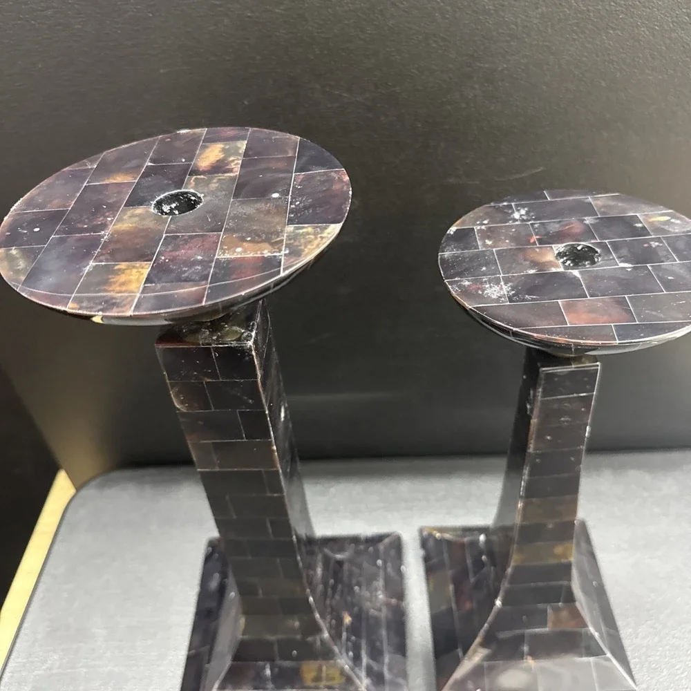 Vintage Handmade in the Philippines Black Stone Mosaic Candle Holders Set of 2